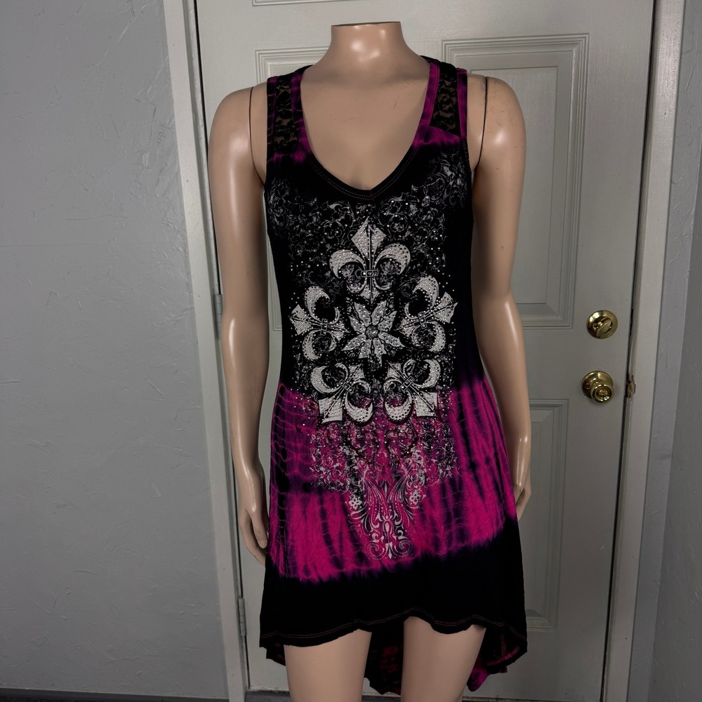 Vintage Y2K Vocal Tie Die Tunic Mini Dress Medium Rayon Hi Low Asymmetrical RR15